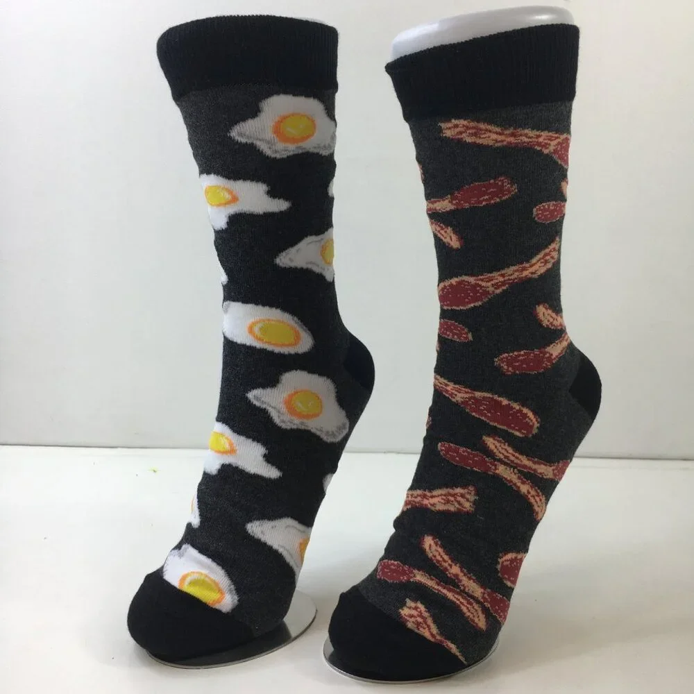 Bacon Eggs Funny Unisex Novelty Crew Socks 2 Pack Black Gray White Yellow Red